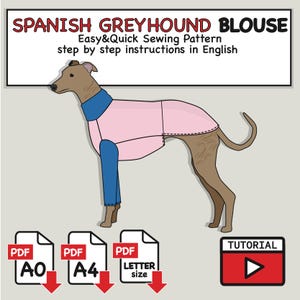 Puede incluir: Patrón de costura digital para una blusa de galgo español. La ilustración muestra un galgo con una blusa rosa y azul. El patrón incluye instrucciones paso a paso en inglés y está disponible en formato PDF.