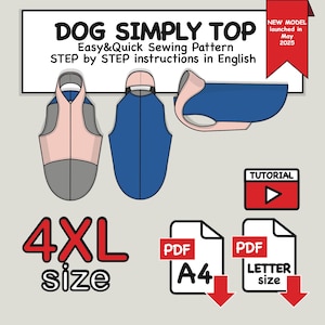 Puede incluir: Patrón de costura para un top de perro, con un diseño rosa y azul. El patrón incluye instrucciones paso a paso en inglés y está disponible en talla 4XL. Incluye archivos PDF para tamaños A4 y Carta. Un tutorial está disponible.