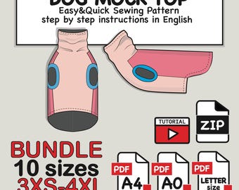 Dog Mock Top Sewing Pattern: 10 Sizes, Fleece Blouse, Turtleneck (PDF Digital Download)