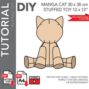 小さなマンガ猫のぬいぐるみ型紙 – デジタルPDF、A4＆レターサイズ