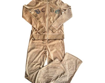 Y2K BCBG MaxAzria Velour Track Suit | Studded Logo Tan Brown 2000s Set Size S