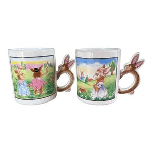 Vintage Easter Bunny Handle Mugs | Set of 2 Anthropomorphic Rabbit Cups | Taiwan