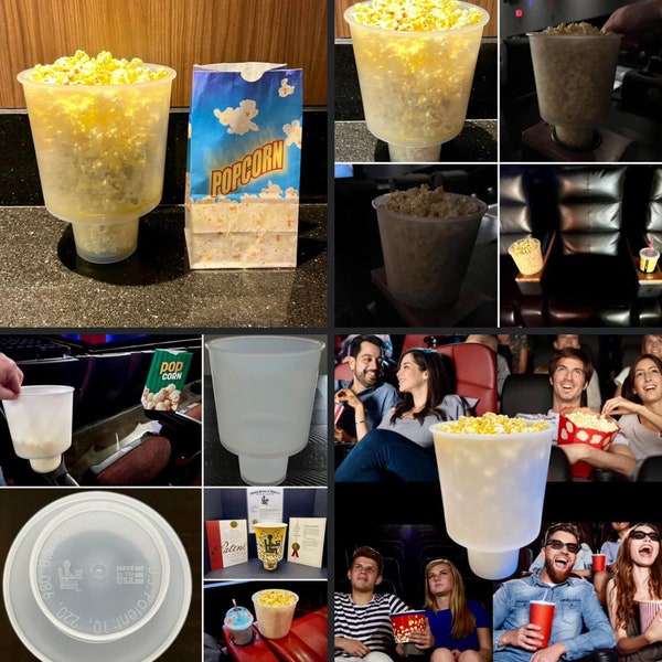 Hands Free Popcorn Bucket sits in cup holders Movie Theater Decor