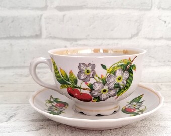6 oz cherry print coffee cup Ceramic cup shabby chic cup small cup tea cups Saucers Tea Party Teacups art deco cup
