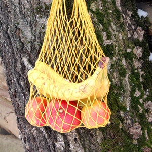 Puede incluir: Una bolsa de red amarilla con un plátano y tres manzanas rojas en su interior. La bolsa está colgada de una rama de árbol.