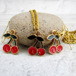 Dangle Earrings cherry jewelry cherry Earring cherries cherry Necklace gold plated Earring fruit earrings Enamel Earrings Tropical Earring image 1