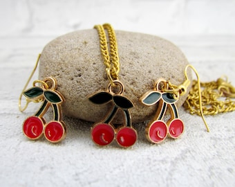 Dangle Earrings cherry jewelry cherry Earring cherries cherry Necklace gold plated Earring fruit earrings Enamel Earrings Tropical Earring