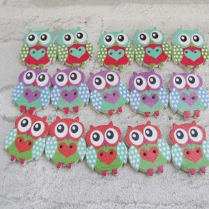 May include: A set of 18 wooden owl buttons in various colors, including green, red, blue, and purple. Each button features a white polka dot pattern and a heart design.