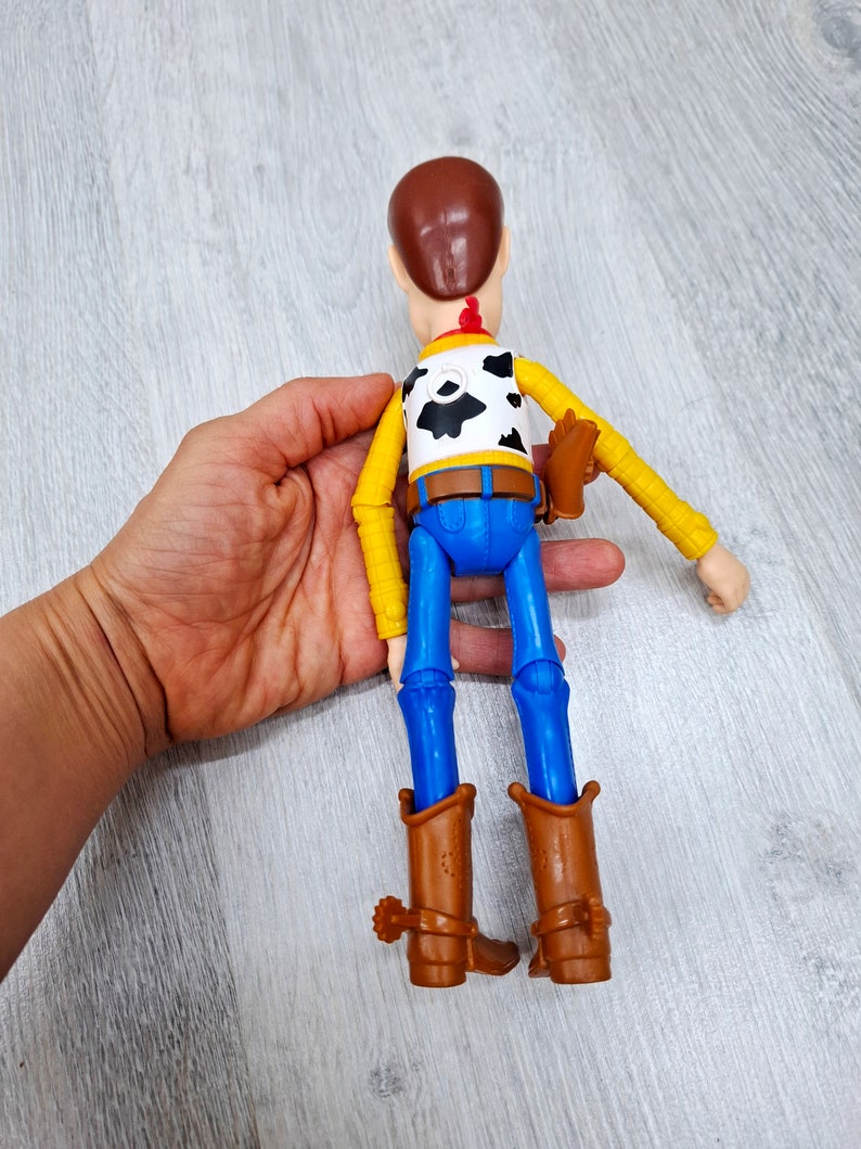 Puede incluir: Una figura de juguete de pl&aacute;stico de Woody de la franquicia Toy Story. Woody lleva su caracter&iacute;stico sombrero de vaquero marr&oacute;n, chaleco amarillo con bandana roja, pantalones vaqueros azules y botas de vaquero marrones. Est&aacute; extendiendo el brazo derecho, como si estuviera buscando algo.