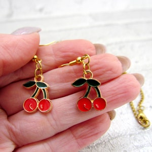 Dangle Earrings cherry jewelry cherry Earring cherries cherry Necklace gold plated Earring fruit earrings Enamel Earrings Tropical Earring image 4