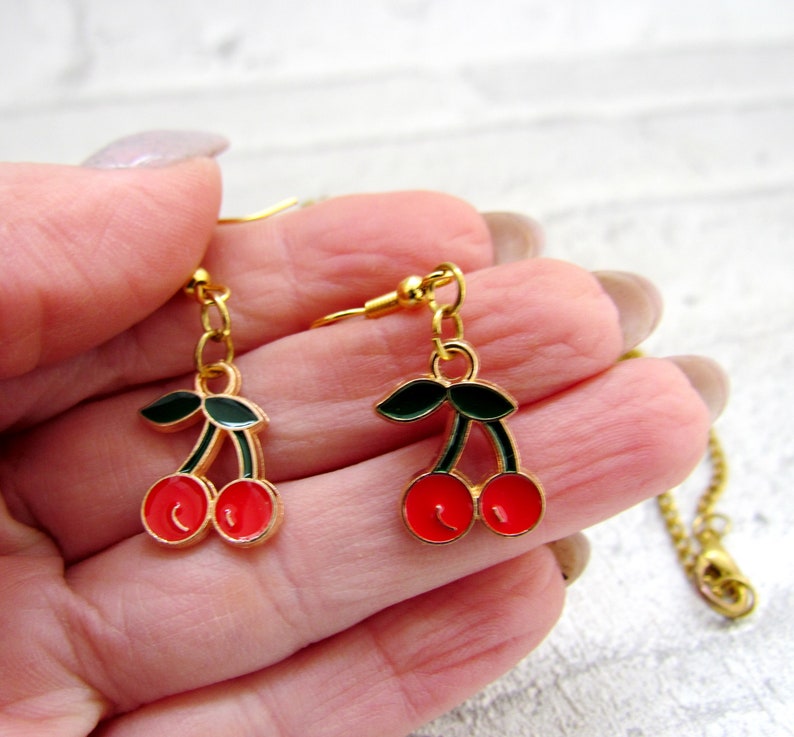 Dangle Earrings cherry jewelry cherry Earring cherries cherry Necklace gold plated Earring fruit earrings Enamel Earrings Tropical Earring image 4