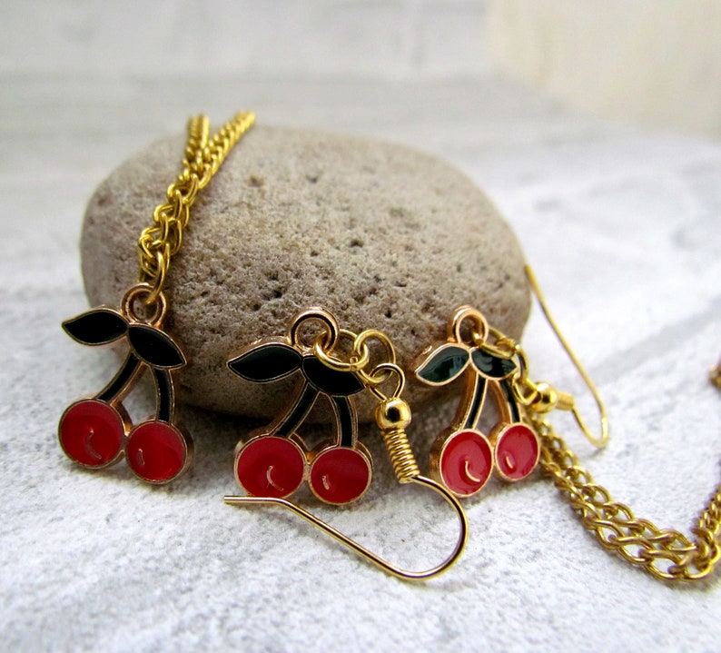 Dangle Earrings cherry jewelry cherry Earring cherries cherry Necklace gold plated Earring fruit earrings Enamel Earrings Tropical Earring image 6