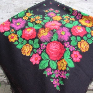 Wool scarf floral scarf Vintage shawl Vintage Ukrainian shawl Russian shawl grandmother gift made in ussr Shawl black shawl image 1