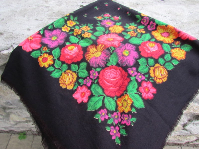 Wool scarf floral scarf Vintage shawl Vintage Ukrainian shawl Russian shawl grandmother gift made in ussr Shawl black shawl image 1