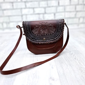 Tooled leather bag leather bag round bag leather Handbags Leather Saddle Bag women bag Leather Crossbody Bag shoulder bag Leather purses
