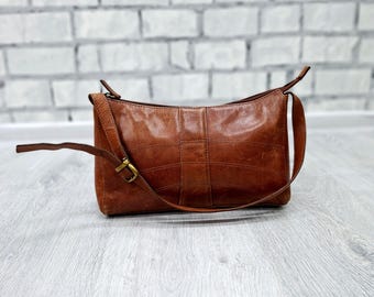 Vintage small brown leather shoulder bag womens Boho evening handbag