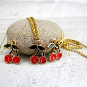 Dangle Earrings cherry jewelry cherry Earring cherries cherry Necklace gold plated Earring fruit earrings Enamel Earrings Tropical Earring image 2