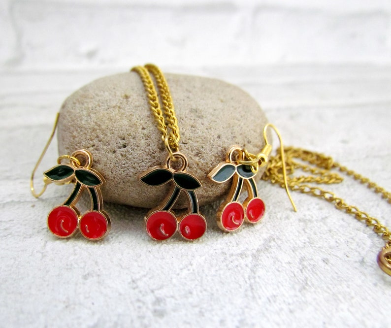 Dangle Earrings cherry jewelry cherry Earring cherries cherry Necklace gold plated Earring fruit earrings Enamel Earrings Tropical Earring image 2