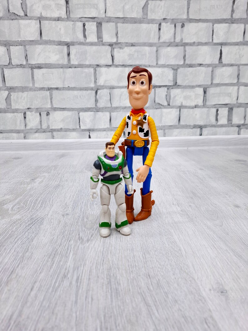 Puede incluir: Los personajes de Toy Story, Woody y Buzz Lightyear. Woody es un mu&ntilde;eco vaquero con un sombrero marr&oacute;n, una camisa amarilla, un chaleco azul y botas marrones. Buzz Lightyear es un ranger espacial con un traje blanco y verde, un casco azul y una visera verde.