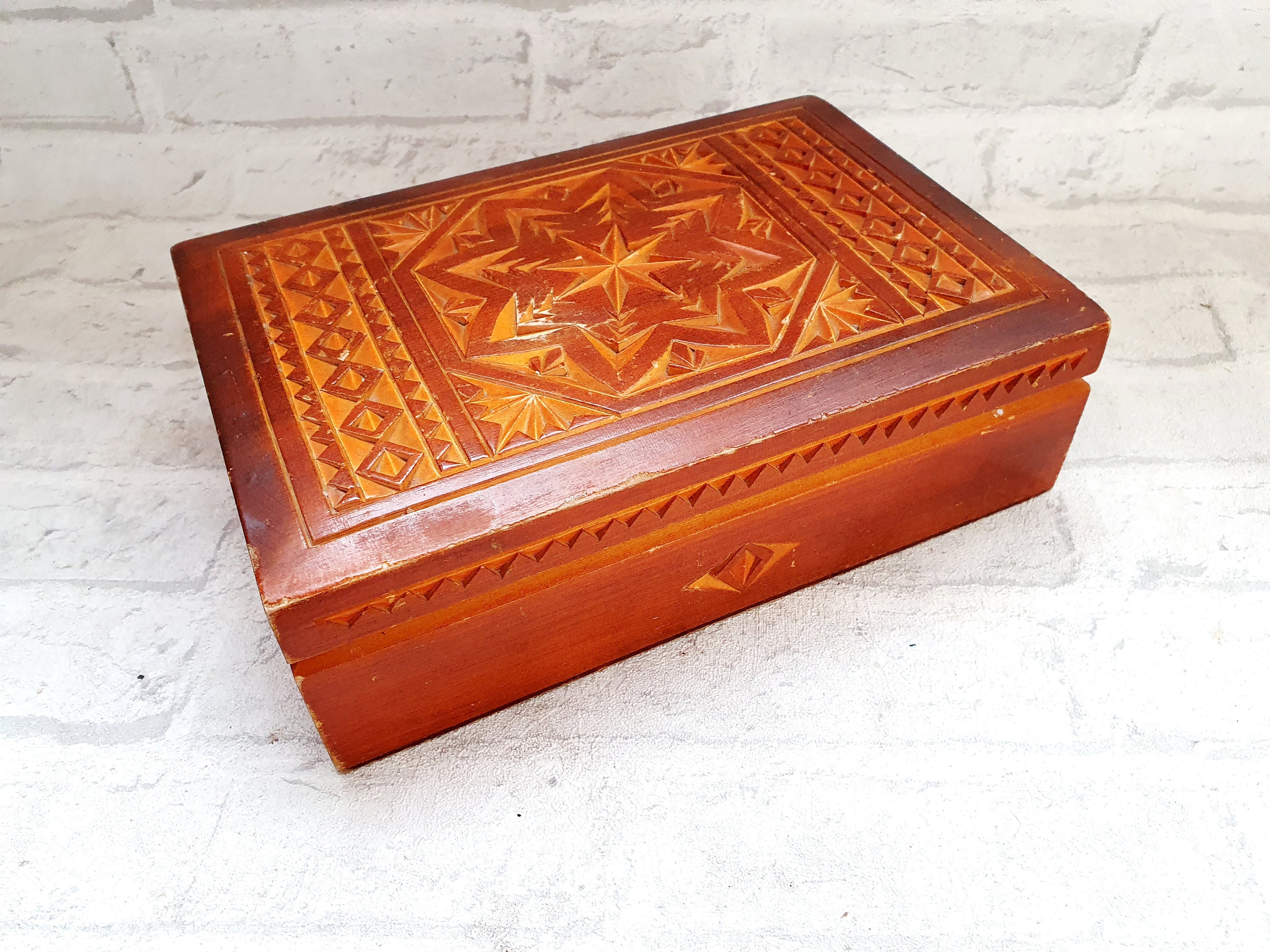 Jewelry Box Vintage 1980s Wooden Box Wood Box Hand Carved Box Etsy