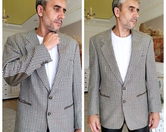 mens wool coat mens wool jackets Mens Clothing 80s Mens jackets Vintage mens coat Herringbone jackets Houndstooth jacket size Extra Large XL