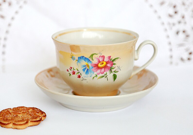 Vintage mug Rustic cup Tea Cup Ceramic cup with saucer Floral Cups Floral Porcelain Soviet porcelain flower décor shabby chic cup Soviet cup image 3