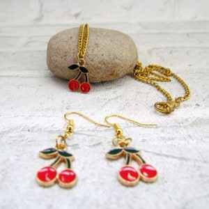 Dangle Earrings cherry jewelry cherry Earring cherries cherry Necklace gold plated Earring fruit earrings Enamel Earrings Tropical Earring image 3