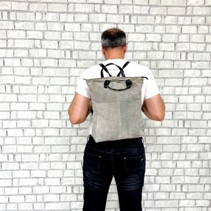 Travel Gift gray leather backpack Vintage back to school Canvas Backpack bucket backpack bucket Bag leather Rucksack Travel Backpack image 1