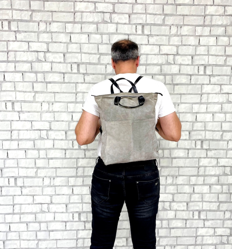 Travel Gift gray leather backpack Vintage back to school Canvas Backpack bucket backpack bucket Bag leather Rucksack Travel Backpack image 1