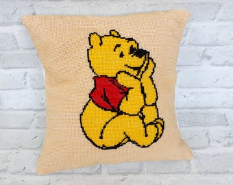 kids pillow baby pillow Rainbow pillow hand embroidered pillow Vintage Winnie The Pooh print pillow Needlework needlepoint child pillow