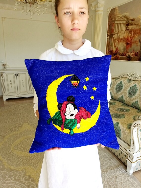 Kids Pillow Baby Pillow Decorative Pillow Hand Embroidered Pillow Vintage Mickey Mouse Print Pillow Needlework Needlepoint Child Pillow Etsy