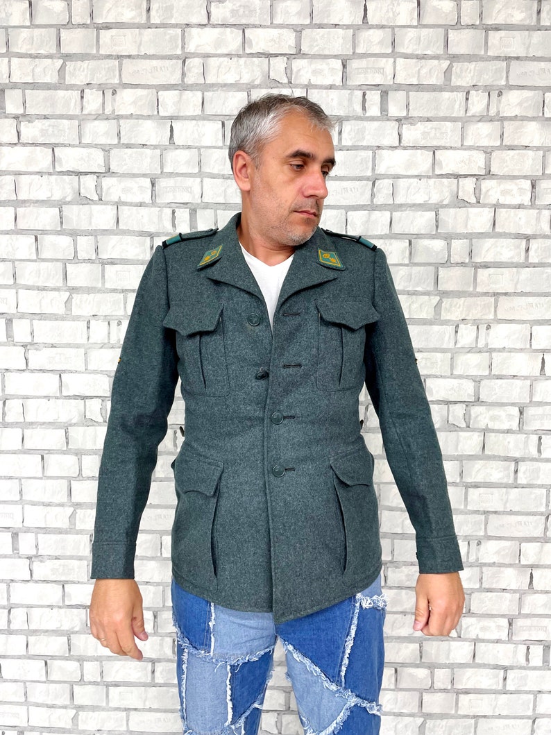 mens military coat M Gray wool coat military jacket wool blazer Army jacket military swiss Uniform Military blazer Gray wool jacket image 2