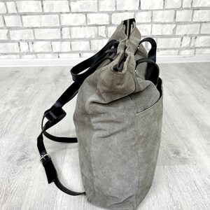 Travel Gift gray leather backpack Vintage back to school Canvas Backpack bucket backpack bucket Bag leather Rucksack Travel Backpack image 3