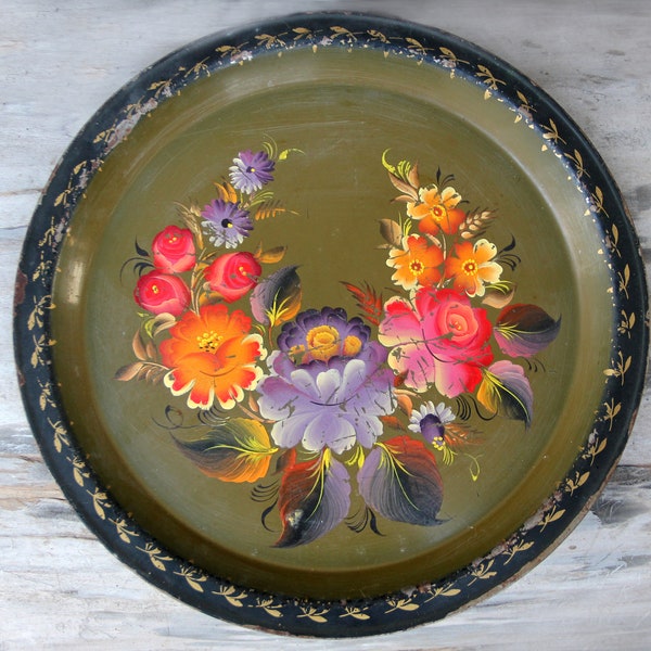 serving tray metal floral tray metal tray folk art tray Soviet  round tole painted tray retro dishes retro tableware serving dishes