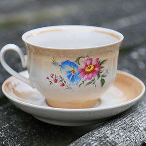Vintage mug Rustic cup Tea Cup Ceramic cup with saucer Floral Cups Floral Porcelain Soviet porcelain flower décor shabby chic cup Soviet cup image 1