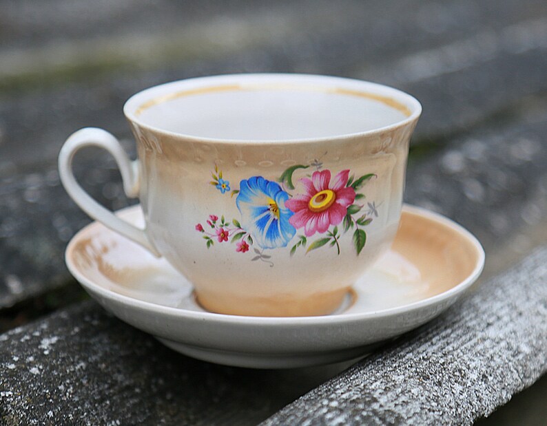 Vintage mug Rustic cup Tea Cup Ceramic cup with saucer Floral Cups Floral Porcelain Soviet porcelain flower décor shabby chic cup Soviet cup image 1