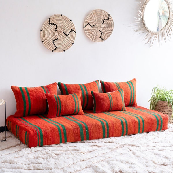 Moroccan Sofa - 6 ft (180x70x15 cm)  Unstuffed Long Floor Cushion + 3 Back Pillows +2 Extra pillows + Stuffing Zipped Pouches