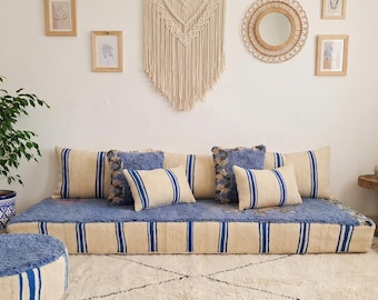 7 ft (210 cm) Handmade Moroccan Wool Blue Floor Cushion Set: Unstuffed Rug Sofa Covers - Boho style Blue Authentic living Room + Round Pouf