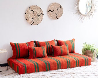 Moroccan Sofa - 6 ft (180x70x15 cm)  Unstuffed Long Floor Cushion + 3 Back Pillows +2 Extra pillows + Stuffing Zipped Pouches