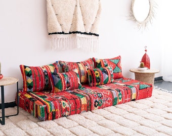 Moroccan Sofa - 6 ft (180x70x15 cm)  Unstuffed Long Floor Cushion + 3 Back Pillows + 2 Small Pillows + Stuffing Zipped Pouches