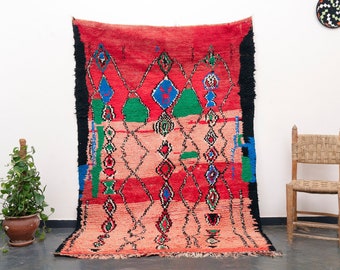 Vintage Handmade Wool Boujaad Rug: 5x8 Ft Moroccan Berber Carpet