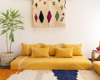 Moroccan Floor couch Covers - 4,5,6 & 7 ft (120/150/180/210  cm)  Unstuffed Yellow Floor Couch + Pillow cases.