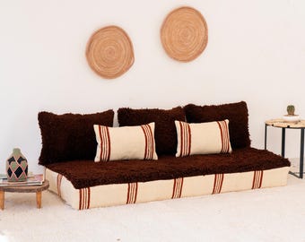 6 ft (180 cm) Handmade Moroccan Floor Brown Sofa Cover Set: Brown Beni Rug Cushions and Pillow cases (Unstuffed)