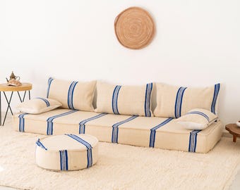 7 Fuß (210 cm) handgemachte Blaue Streifen Vintage Decke Wolle marokkanische Sofa Set: Ungefüllte Blaue Streifen Bodenkissen + Insert - Covers