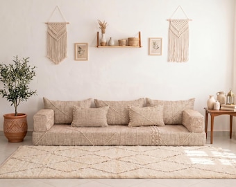 Cotton Moroccan Handmade Beige Zanafi Floor Couch Set: Beige Zanafi Boho seating set