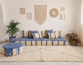 7 ft (210 cm) Handmade Moroccan Wool Blue Floor Cushion Set: Unstuffed Rug Sofa Covers - Boho style Blue Authentic living Room + Round Pouf