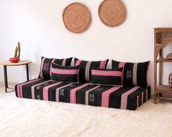 6 ft (180x70x15 cm) Vintage Handmade Moroccan Floor Sofa Set: Black Cushions