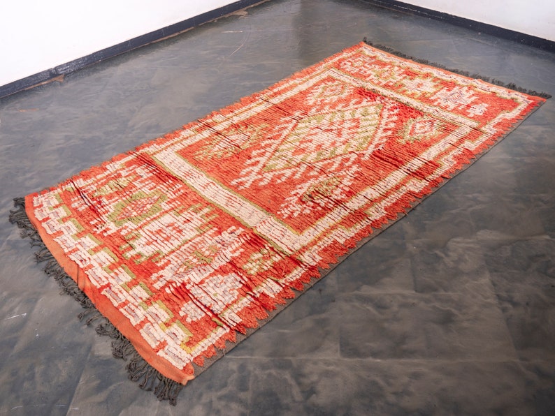 FREE SHIPPING 510 3x1.5 m Large Vintage Handmade Wool Boujaad Floor ORANGE Area Rug Moroccan Living Room Soft Berber Boujad Carpet Boho image 2
