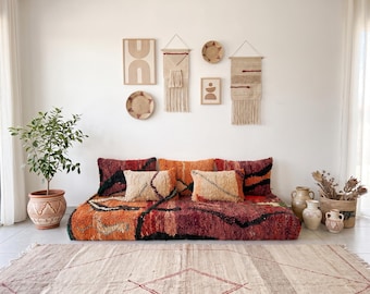 6 ft (180 cm) Handmade Moroccan Orange Purple Floor Sofa Cover Set: Orange Boujaad  Floor Cushions Seating Bohemian style