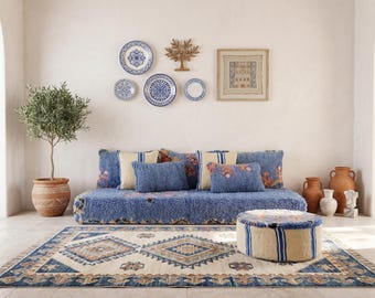 Juego de cojines de suelo de lana marroquí azul hechos a mano de 180 cm (6 pies): Fundas de sofá sin relleno estilo boho azul auténtico para sala de estar + puf redondo